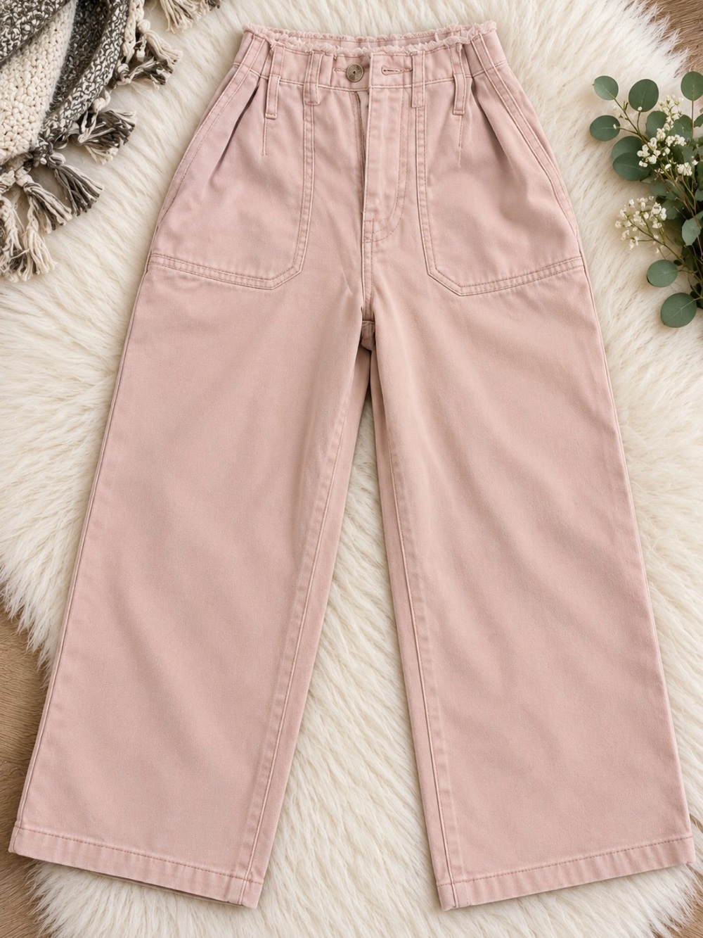 Girls' Wide-Leg Pink Cotton-Blend Jeans with Patch Pockets